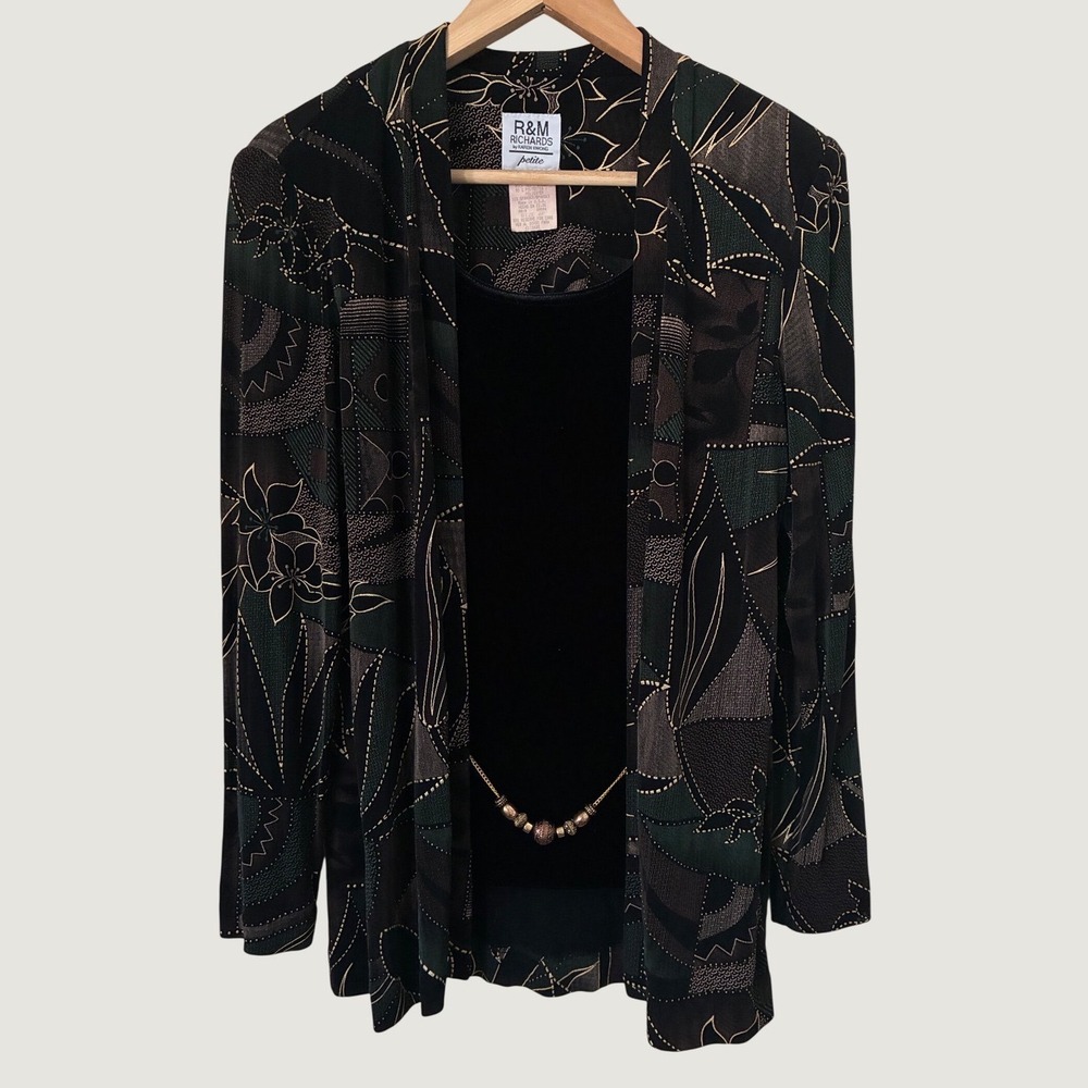 R&M Richards Vintage Grunge Floral Cardigan Set Black Green Petite 6P